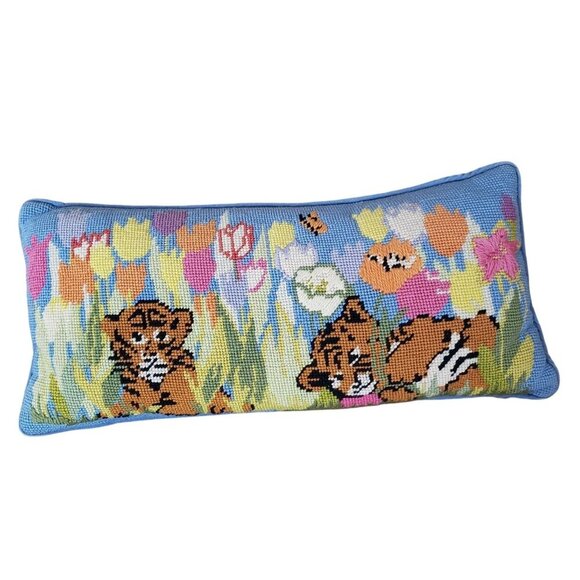 Vintage Hand-Stitched Needlepoint Pillow Tiger Cubs Tulip Flowers Cottagecore - Picture 1 of 13